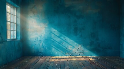 Empty blue room with sunlight casting shadows through a window on the textured wall and wooden floor.