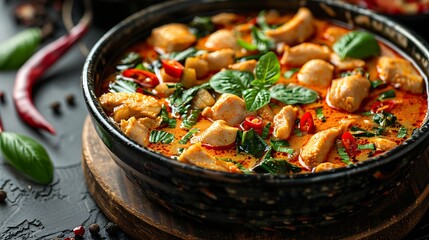 Mouth-watering Thai chicken curry served in a black bowl garnished with fresh basil leaves and chili on a dark rustic table. 