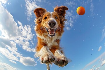 A joyful dog leaping towards the camera with an orange ball in mid-air against a blue sky with fluffy clouds backdrop. 