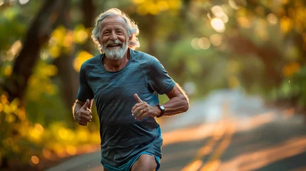 Poster Senior man with a joyful expression jogging in a sunlit park during the golden hour  © Dionysus