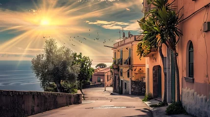 Foto op Canvas Sunset view over a quaint coastal street lined with charming buildings and a view of the sea, evoking a peaceful Mediterranean atmosphere.  © Dionysus
