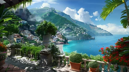 Foto op Canvas A picturesque coastal village overlooking a serene blue bay, framed by lush green foliage and terracotta pots under a clear sky.  © Dionysus