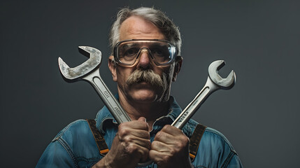 A male mechanic with a mustache and safety goggles stands against a gray background