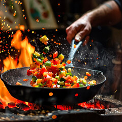 A chefs hand mid-throw
