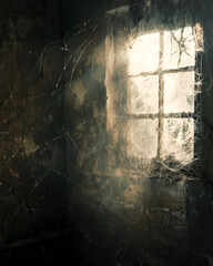 A cinematic close-up shot of a cobweb-draped window of a desolate ancient house