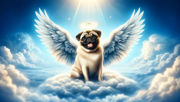 Pug with angel wings and halo in clouds - A heartwarming image of a pug dog with angel wings and a halo, set against a blue cloudy sky, invoking feelings of innocence and purity