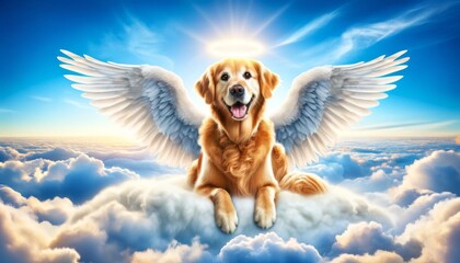 Golden retriever with wings among clouds - An ethereal golden retriever with white wings rests amidst the clouds, evoking feelings of loyalty and protection from above