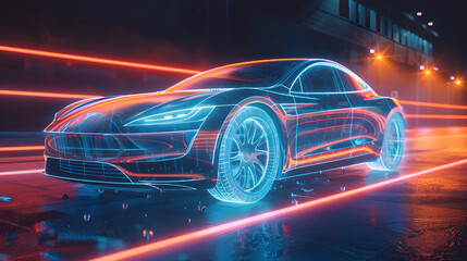 A modern electric car with illuminated lines and energy waves pulsating from its frame