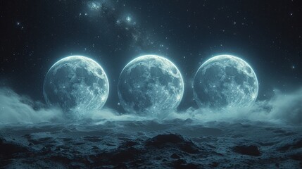 a group of three moon like objects sitting on top of a moon covered surface in the middle of a night sky. - obrazy, fototapety, plakaty