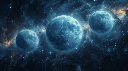 Obraz premium a group of three blue planets sitting in the middle of a space filled with stars and a cluster of stars.