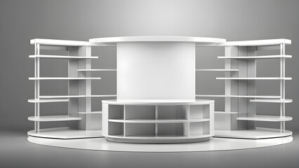 shelves on a white background. empty mockup of round shelf shop display stand or production rack showcase isolated