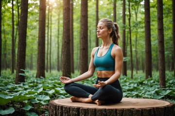 Side view of woman sitting on tree stump in Lotus pose and doing yoga with closed eyes while enjoying woods