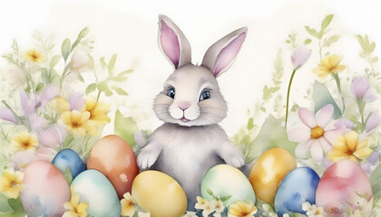 Watercolor painting of a cute easter bunny with eggs.