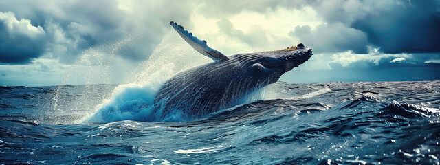 a big whale jumps out of the water - obrazy, fototapety, plakaty