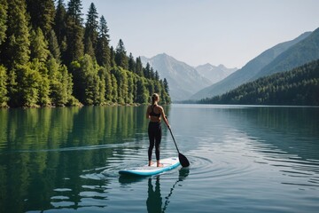 A woman,  Stand Up Paddleboarding (SUP)  in calm waters in Lake. - Powered by Adobe