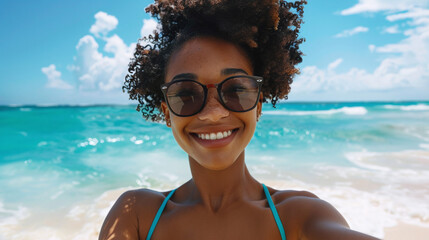 Young attractive African American woman taking a selfie against the sea
