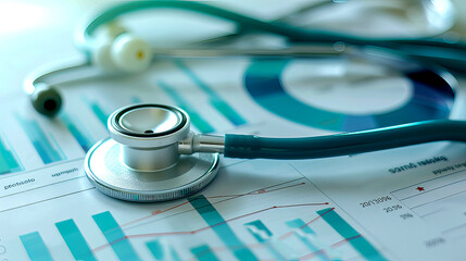 Closeup of stethoscope on the cardiogram medical graph and charts blur the background