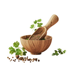 Wooden bowl with spoon and herbs