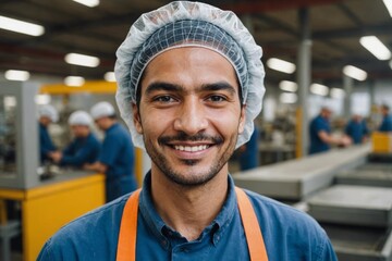 Factory worker wearing hair net looking at camera smiling - Powered by Adobe