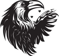 Fototapeta premium Guardian of Souls Heart Symbol with Perched Bird Emblem Ravens Solace Iconic Raven Perched Vector Logo