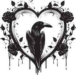 Fototapeta premium Ravens Rest Heart Vector Logo Design with Perched Bird Raven Heartbeat Iconic Perched Bird Emblem