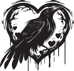 Naklejka premium Ravens Solace Iconic Raven Perched Vector Logo Sentinel of Emotions Raven Perched on Heart Icon