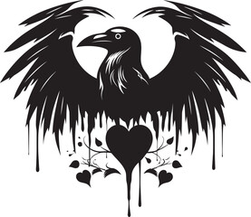 Naklejka premium Eternal Devotion Heart Symbol with Perched Bird Emblem Loves Watcher Iconic Raven Perched Vector Logo