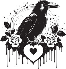 Naklejka premium Raven Heartbeat Iconic Perched Bird Emblem Hearts Guardian Vector Logo Design with Perched Raven