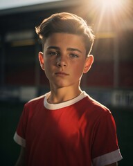 Young footballer in red training jersey posing during a vibrant sunset, background suggests a sports field, enhancing the athletic theme