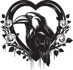 Naklejka premium Loves Watcher Heart Symbol with Perched Bird Vector Logo Ravens Solace Iconic Raven Perched Emblem