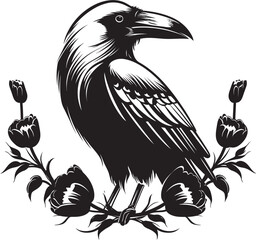 Fototapeta premium Ravens Affection Raven Perched on Heart Icon Devotions Guardian Heart Symbol with Perched Bird Emblem