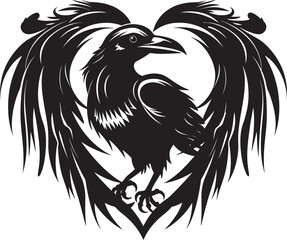 Naklejka premium Devotions Guardian Heart Symbol with Perched Bird Emblem Wings of Affection Iconic Raven Perched Vector Logo