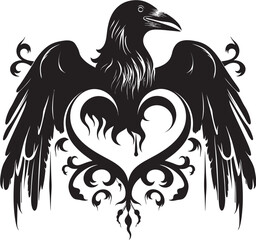 Naklejka premium Eternal Devotion Raven Perched on Heart Emblem Loves Watcher Heart Symbol with Perched Bird Vector Logo
