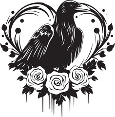 Naklejka premium Raven Affection Heart Vector Logo with Perched Bird Icon Heartfelt Raven Iconic Vector Logo Design
