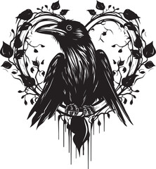 Fototapeta premium Guardian of Love Heart Symbol with Perched Bird Logo Hearts Companion Raven Perched on Heart Icon