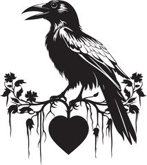 Eternal Devotion Iconic Raven Symbol with Heart Loves Watcher Heart Symbol with Perched Bird Design