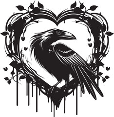 Fototapeta premium Loves Watcher Heart Symbol with Perched Bird Design Ravens Embrace Iconic Raven Perched Emblem