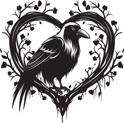 Fototapeta premium Ravens Reverie Heart Vector Logo with Perched Bird Heart and Raven Fusion Iconic Vector Logo
