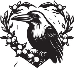 Fototapeta premium Hearts Guardian Iconic Raven Perched Vector Emblem Raven Affection Heart Symbol with Perched Bird