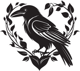 Fototapeta premium Devotions Guardian Raven Perched Vector Logo Design Sentinel of Emotions Iconic Raven Symbol with Heart