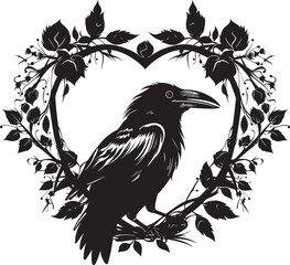 Fototapeta premium Sentinel of Love Raven Perched on Heart Vector Devotions Wings Raven Symbol with Heart Icon