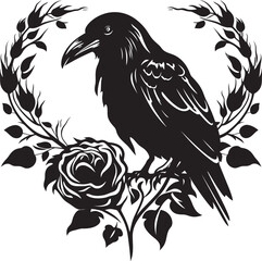 Fototapeta premium Loves Guardian Raven Symbol with Perched Bird Icon Ravens Embrace Heart Vector Logo with Perched Raven