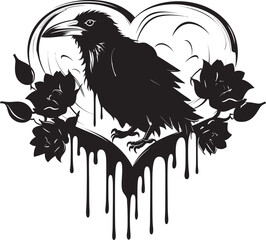 Fototapeta premium Ravens Embrace Heart Vector Logo with Perched Raven Hearts Watcher Raven Perched on Heart Emblem