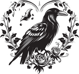 Fototapeta premium Guardians Embrace Raven Perched on Heart Icon Hearts Sentinel Iconic Raven Symbol Vector Design
