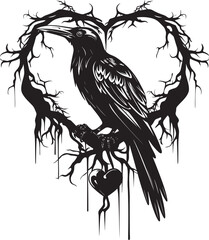 Fototapeta premium Perched Raven Emblem Heart Vector Logo Icon Hearts Companion Vector Logo Design with Perched Bird