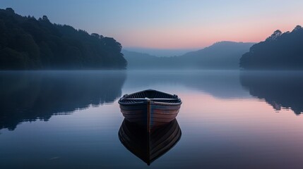 The soft light of dawn illuminates a gentle wooden boat as it drifts across the tranquil lake - obrazy, fototapety, plakaty
