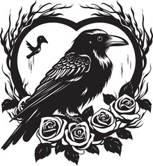 Fototapeta premium Eternal Wings Raven Perched on Heart Vector Heartfelt Protector Iconic Raven Symbol with Heart