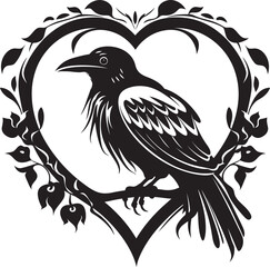 Naklejka premium Heartfelt Connection Iconic Raven Symbol with Heart Guardians Embrace Raven Perched on Heart Emblem