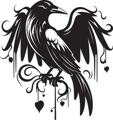 Fototapeta premium Ravens Devotion Heart Vector Logo with Perched Bird Hearts Companion Iconic Raven Symbol with Heart