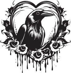 Fototapeta premium Ravens Devotion Heart Vector Logo with Perched Bird Hearts Companion Iconic Raven Symbol with Heart